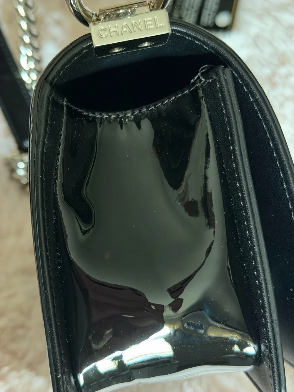 CHANEL Black & Silver Chevron Patent Glitter PVC Small Boy Bag Silver HDW